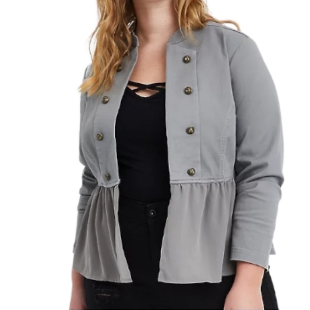 Torrid Grey Military Style Peplum Hem Mixed Fabric Jacket Plus Size 1X